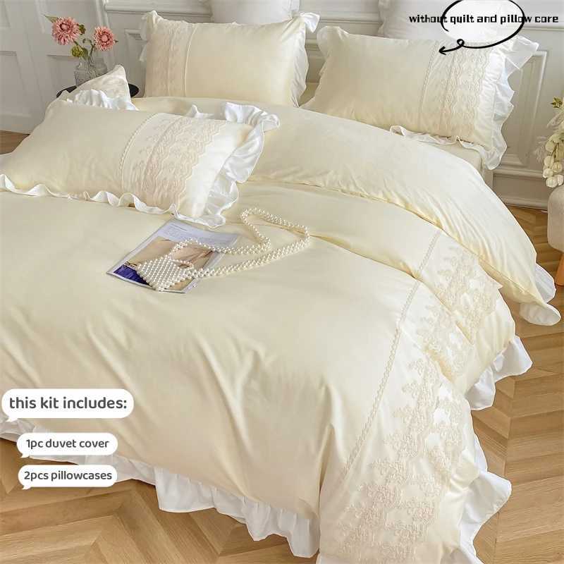 3pcs Princess style case set duvet cover set with cases Lace bedding set king and double beigeC250122