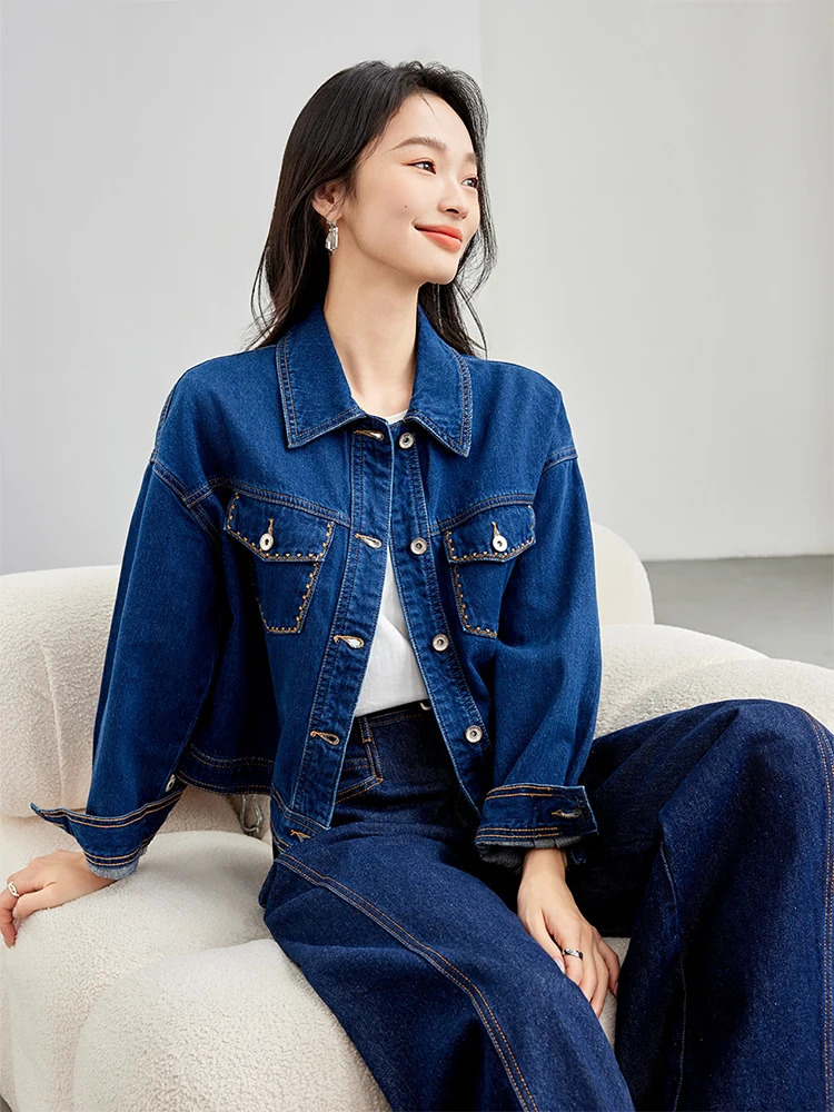 Autumn loose short denim jacket retro womens lapel pocket single chest fashionable casual 241206