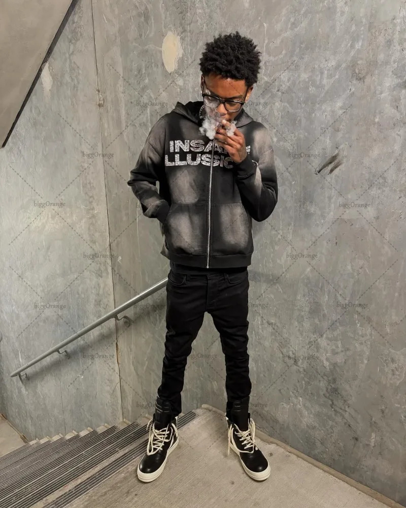 Trend Haruku Streetwear Jacket American Retro Distressed Zipper Hoodie Mens Punk Fashion Casual Oversized Sweatshirt 241205