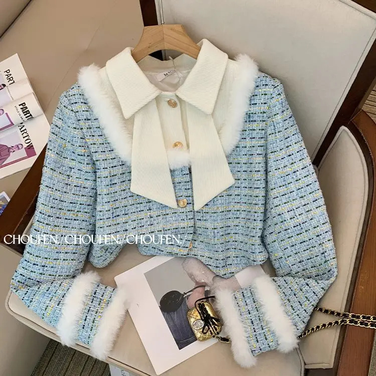 Temperament Tweed Jacket Patchwork Top Plaid Coat Fleece Thick Wide Leg Womens Two Peice Sets Pantalon Femme Chic Autumn