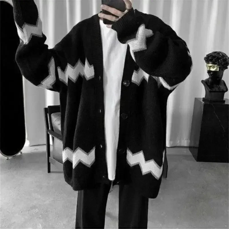 Mens black long knitted sweater mens striped cardigan Korean fashion jacket jumper thick winter Harajuku S from Japan 241206