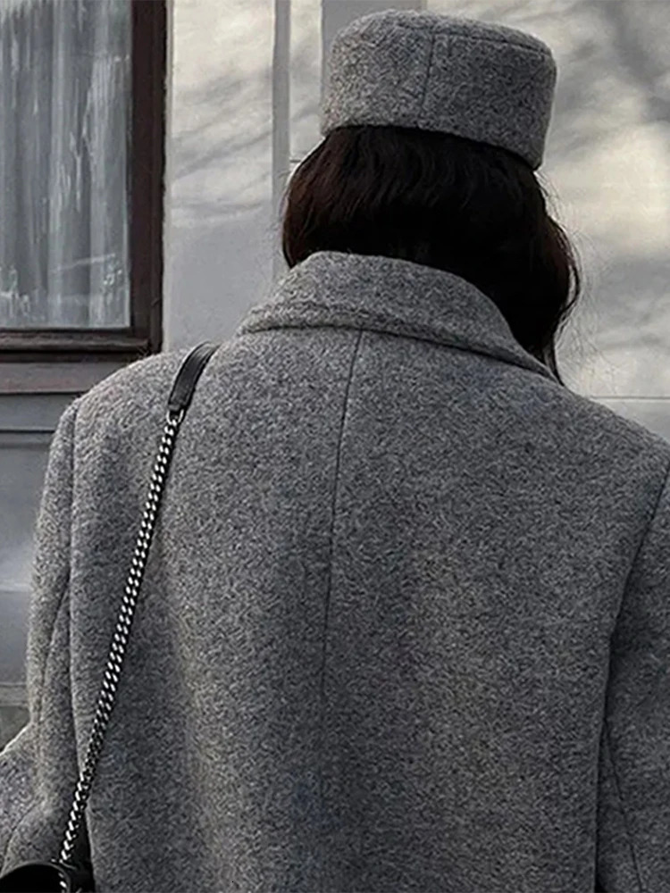 Fashion Grey Long Womens Coat Turndown Collar Double Breasted Sleeve Coats Vintage Winter Windproof Women Jacket 241202