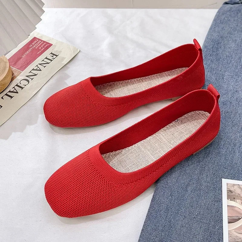 2024 Solid Color Skating Loafers Elastic Knitted Ballet Apartment Womens Casual Soft Bottom Shallow Boat Shoes Classic Moccasins 241206