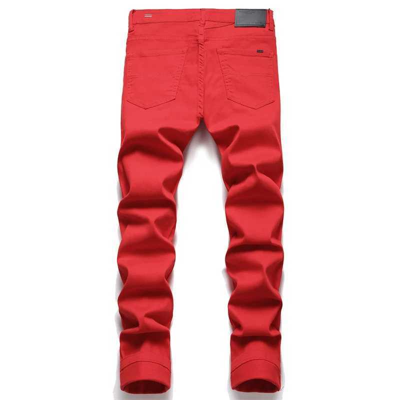 High Quality Mens jeans red simple trend stretch slim pants mid waist fashion embroidery high-end brand jeans street hip-hop clothing T241207