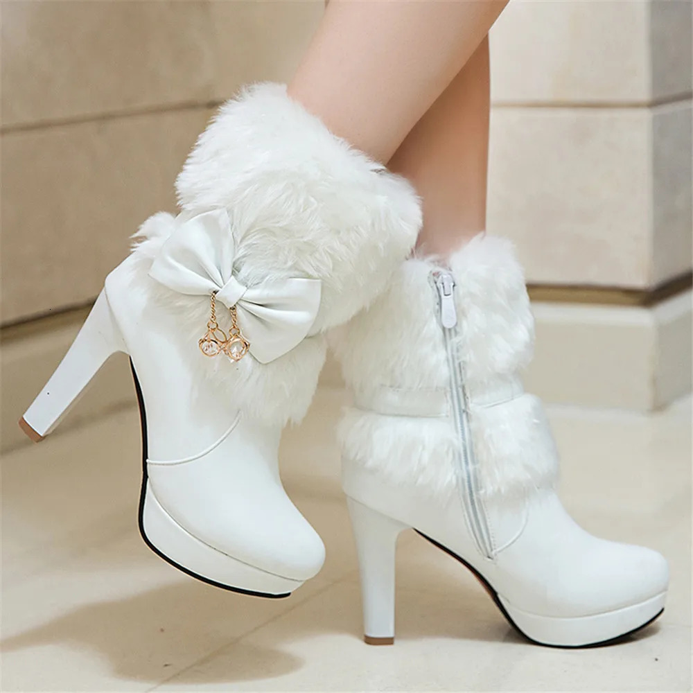 2024 Winter Womens Fashion High Heels Pink White Black Fur Tassel Bow Cute Lolita Party Wedding Shoes Size 3243 241206