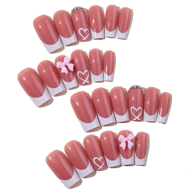 50LD Fashionable Bows Square Press On Nails 24Pcs Nude French Tip Full Cover Acrylic False Set For Women and Girls 241206