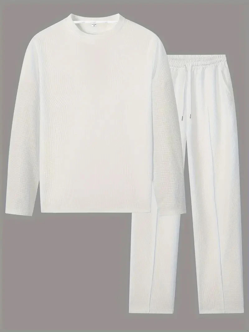 Waffle biscuit solid color long sleeved pants set mens spring and autumn casual fashion set 241205