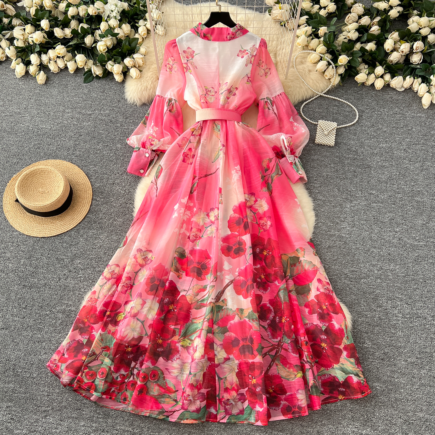 Casual Dresses 2025 Spring Holiday Gorgeous Flower Maxi Dress Women's Long Lantern Sleeve Notched Floral Print Pearl Belt A Line Robe Vestidos