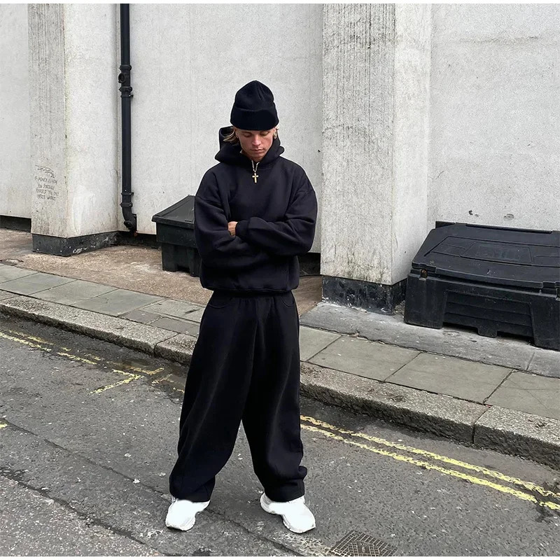 American retro simple sportswear mens fashion solid color pocket hoodie and loose elastic waist sports pants two-piece set 241205