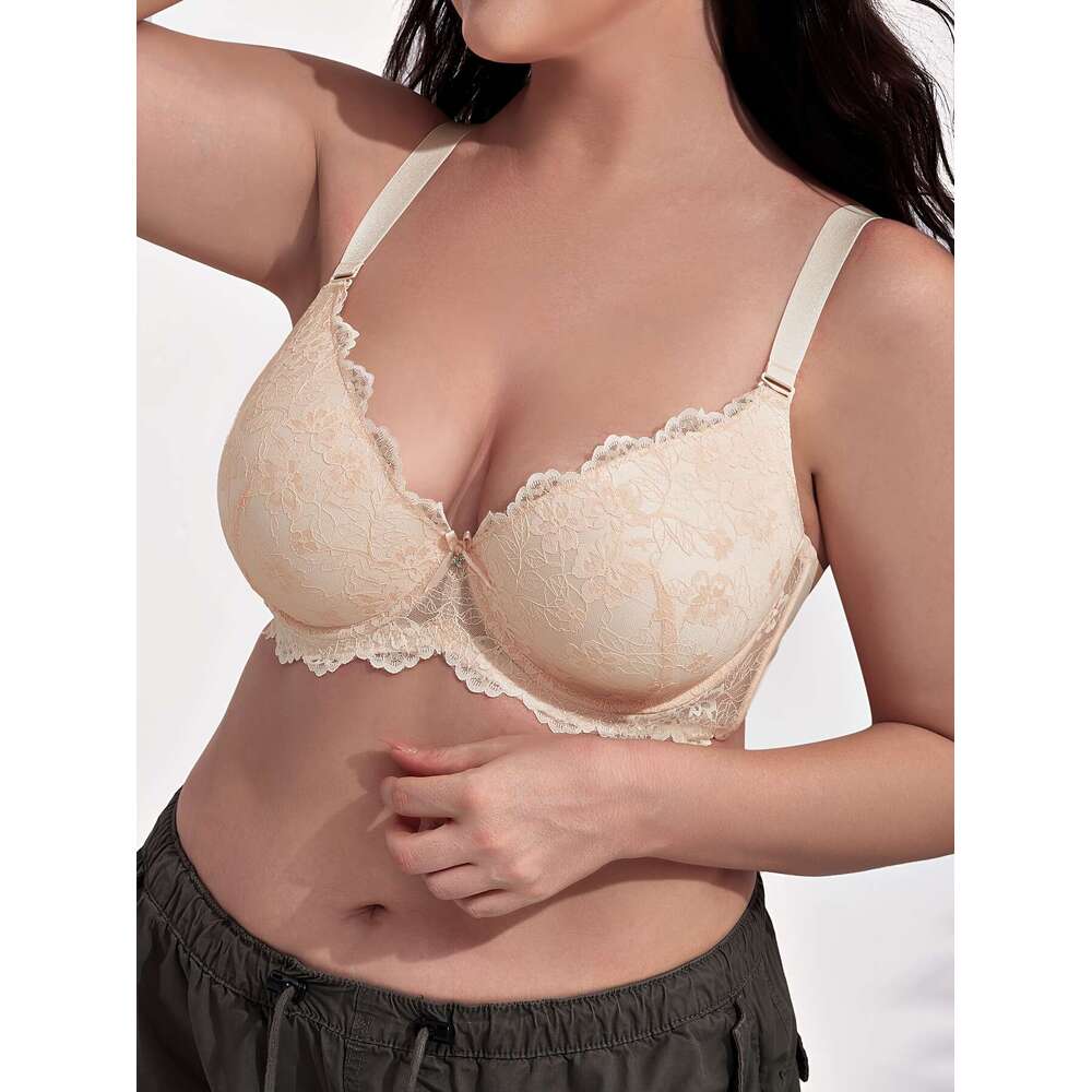 Women's Elegant Bra, Plus Size Bow Decorative Flower Lace Fan Edge Push Up Steel Rim Bra-K0570D