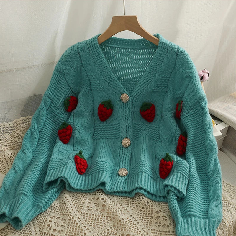 Korean fashion pink strawberry womens sweater autumnwinter long sleeved knitted cardigan single chest jacket 241206