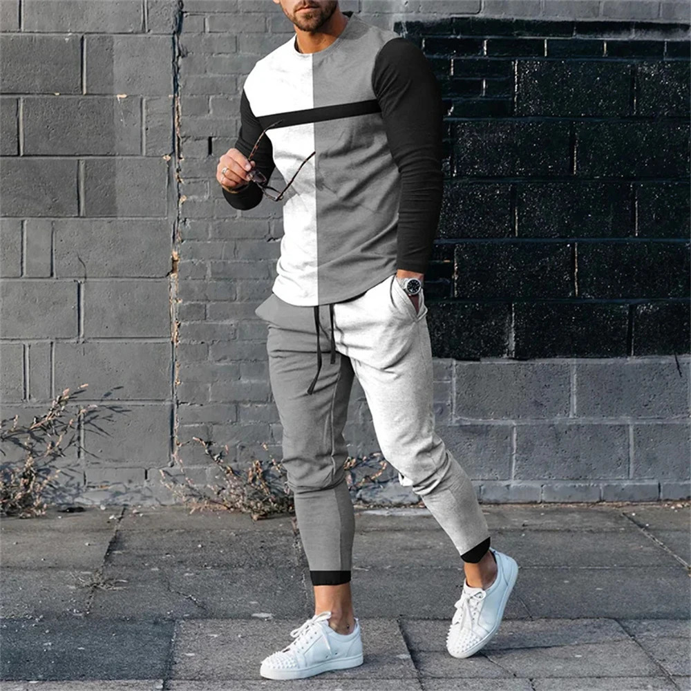 Mens sports shirt sports pants set printed mens clothing T-shirt pants set oversized T-shirt mens top 241205