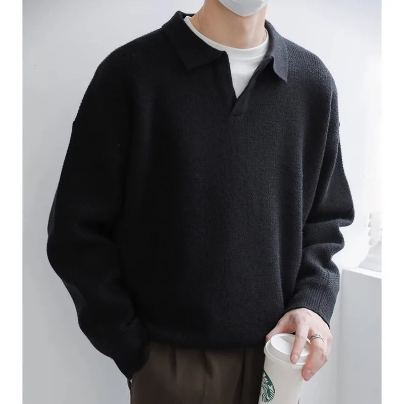 Winter casual knitted polo neck pullover mens solid color fashionable jacket retro knitted sweater Korean mens top 241206