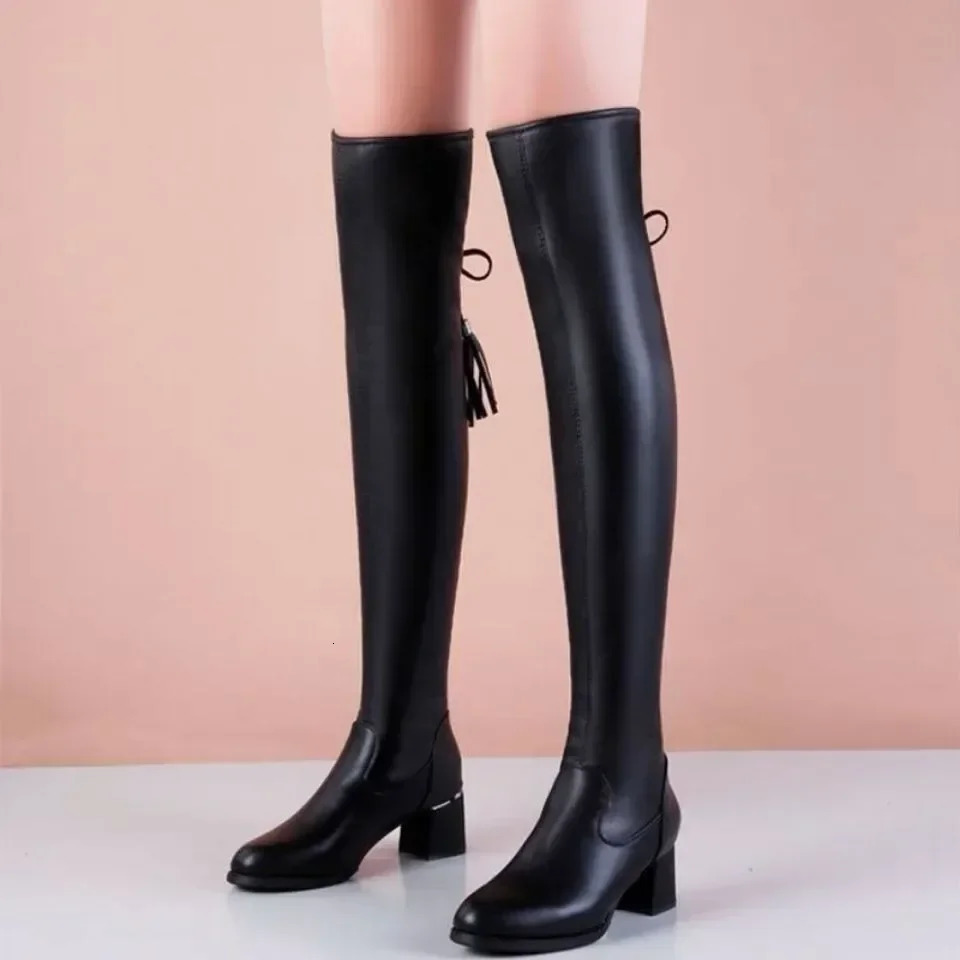 Womens Leather Elastic Knee Boots 2024 Winter Warm Plush Long Autumn Slippery Thick Knight Bottas 241206