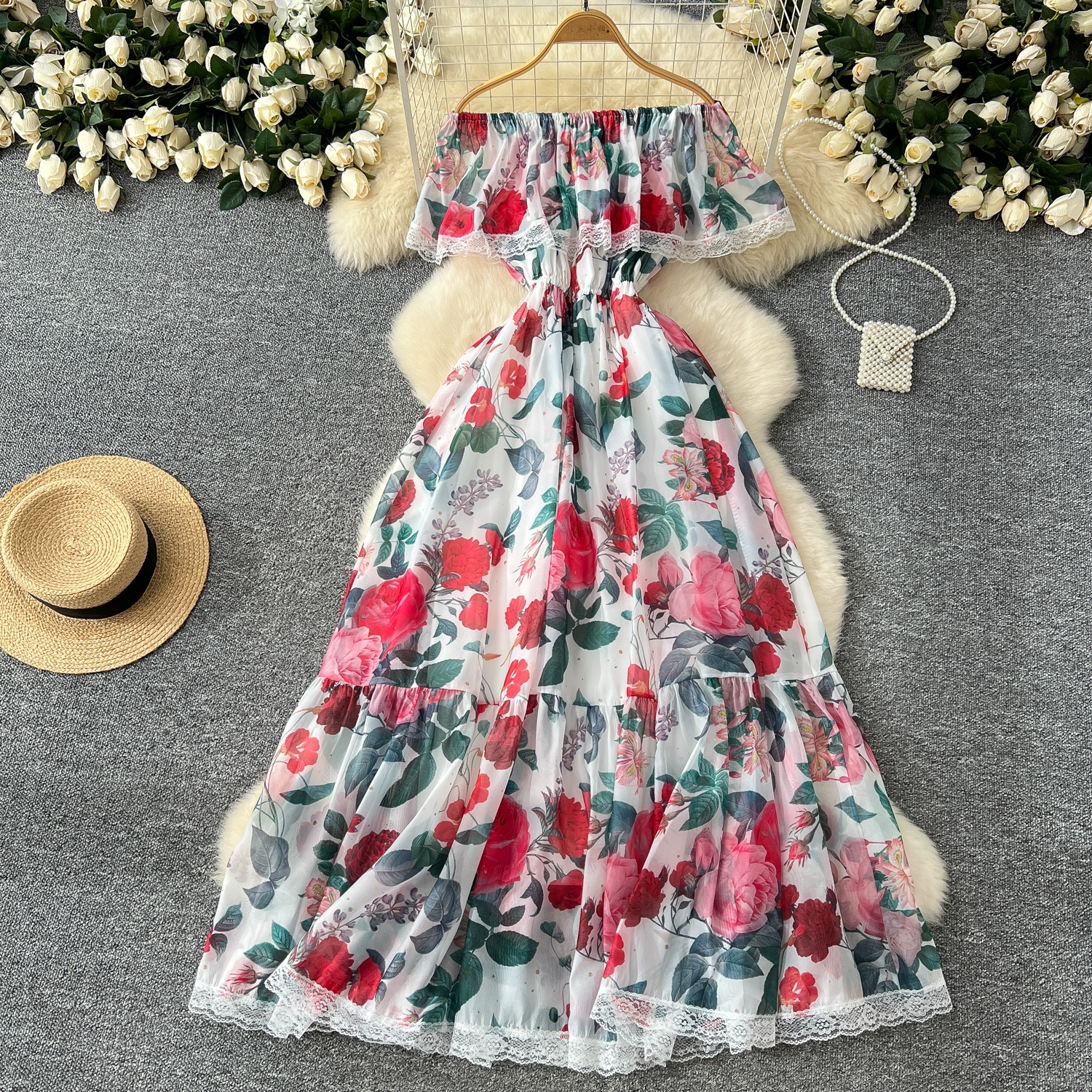 Summer New Casual Dresses 2025 Summer Gorgeous Flower Chiffon Holiday Dress Womens Sexy Off Shoulder Floral Print Lace Trims Elastic Waist Maxi Vest
