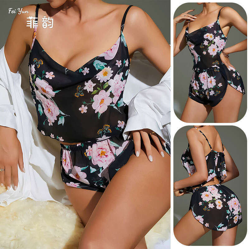 New chiffon camisole shorts print set with sexy back straps tempting home wear 588 2024 new casual fashion trend clothing