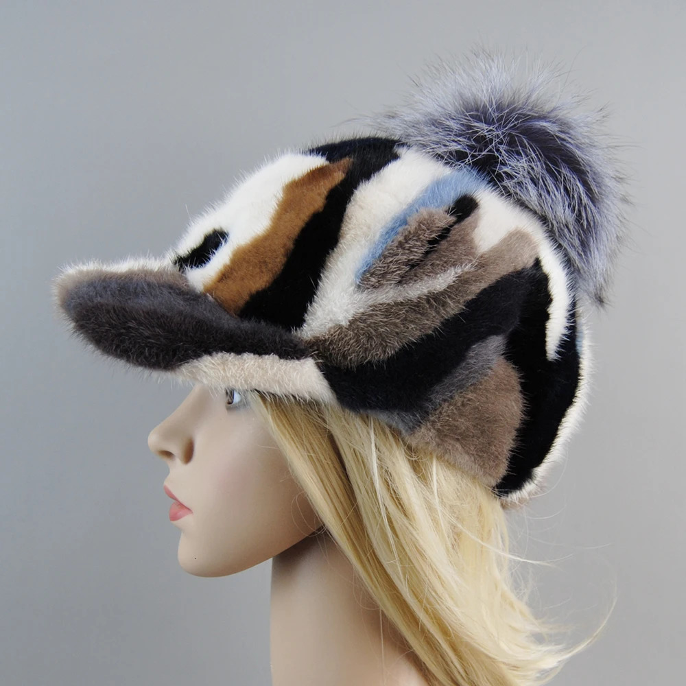 Arrived Girls Mink Hats in 2024 Fashion Winter Solid Knitted True Fur Baseball Hats Womens Mink Hats Fox Fur Puff Hats 241206
