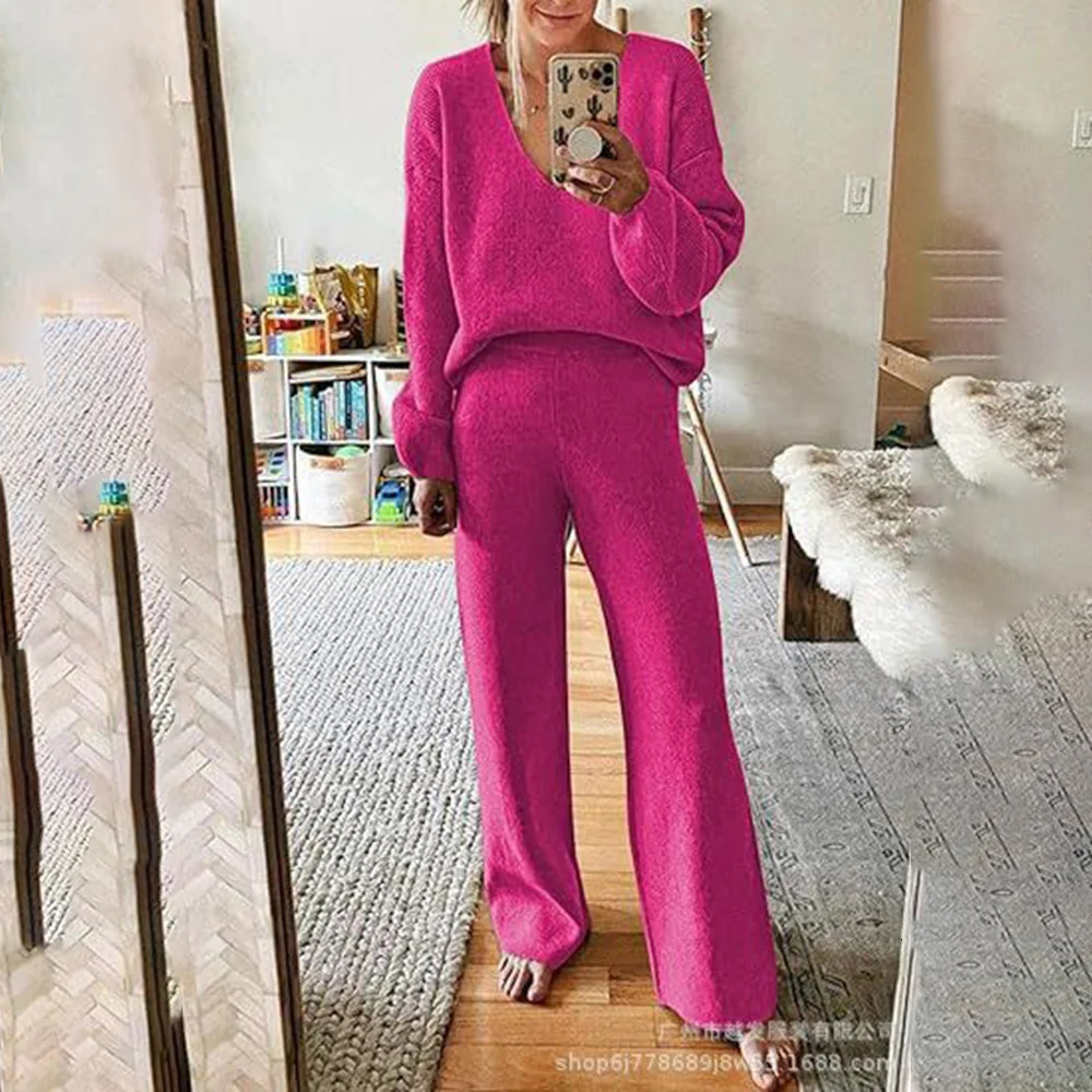 Casual twopiece womens clothing 2024 item long sleeved Vneck loose top wide leg pants set sportswear 241206