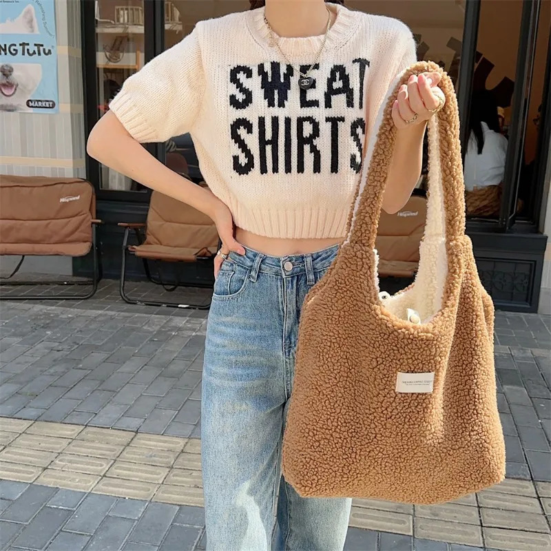 Cute Plush AutumnWinter Large Capacity Canvas Bag for Women Hairy Reversible Tank Top 241203