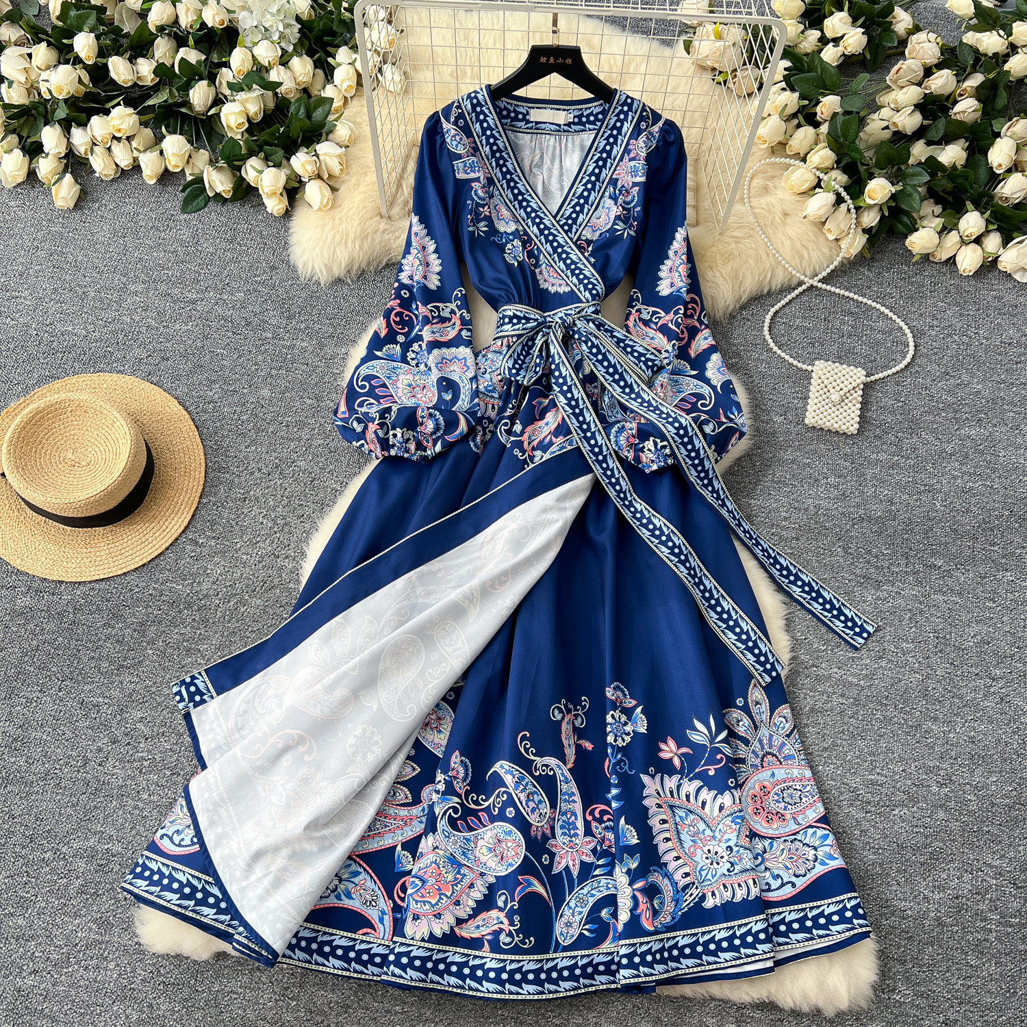 Casual Dresses Autumn Retro Bohemian Paisley Dress Holiday Cross V Neck Lantern Sleeve Vintage Print Bandage Lace Up Robe Vestidos Maxi Clothes 2025