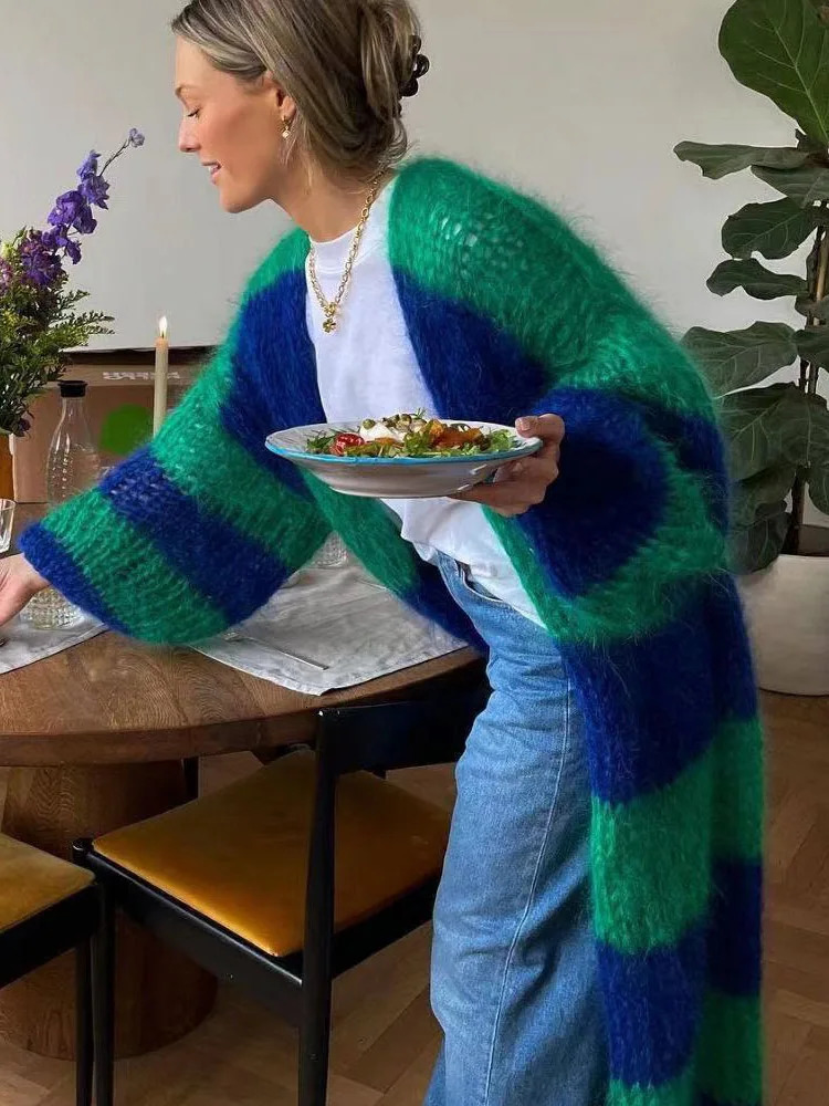 Womens casual loose striped knitted sweater jacket ious solid womens oversized cardigan basic knitting for autumn and winter 241206