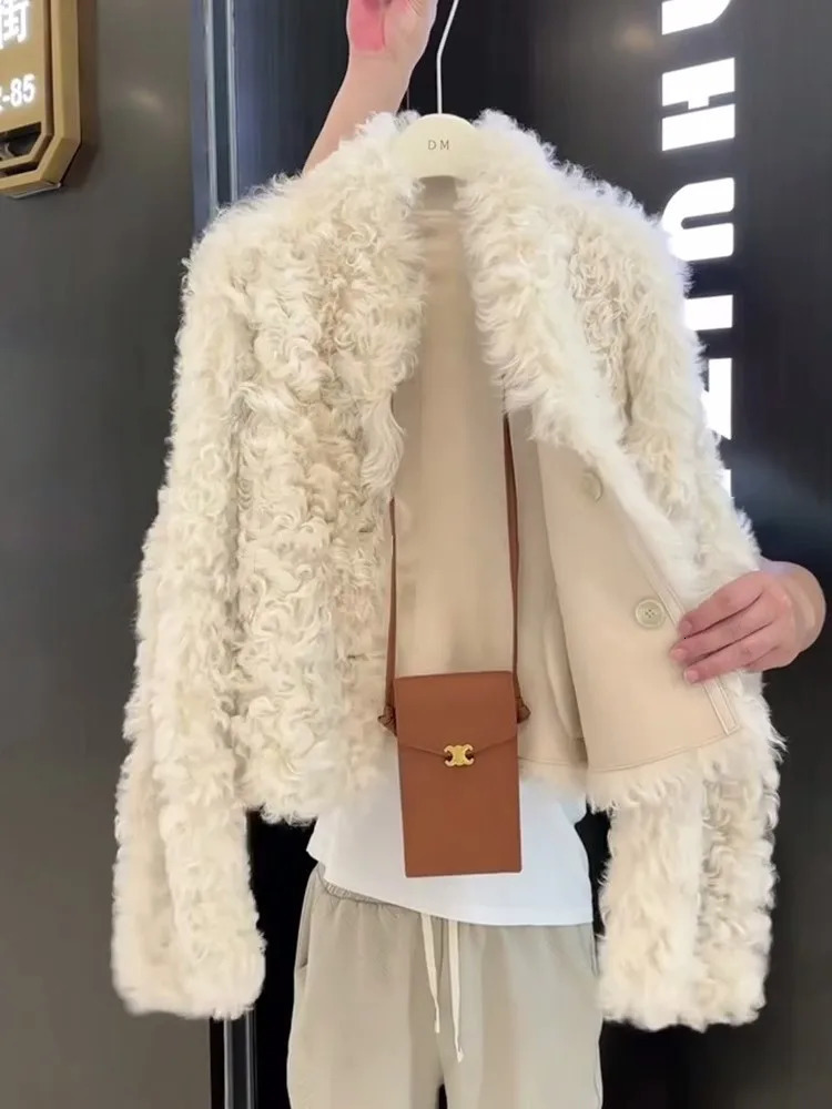Lamb Fleece Fur Coat for Women - Warm Thick Versatile Winter Coat with Integrated Fur