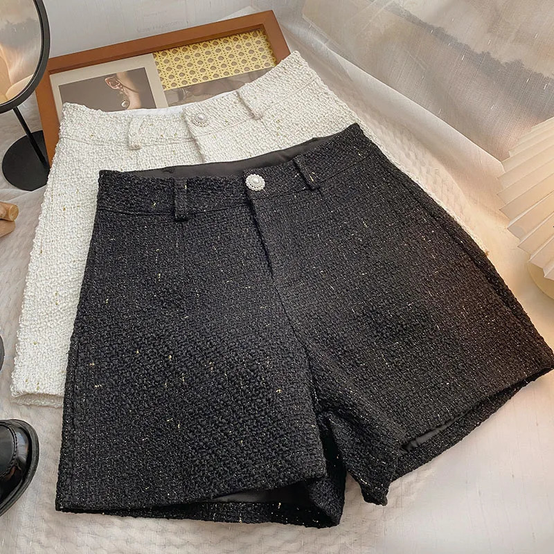 Womens casual shorts with spring solid high waist A-line coarse tweed Korean fashion womens shorts retro wide leg Trouser 241206