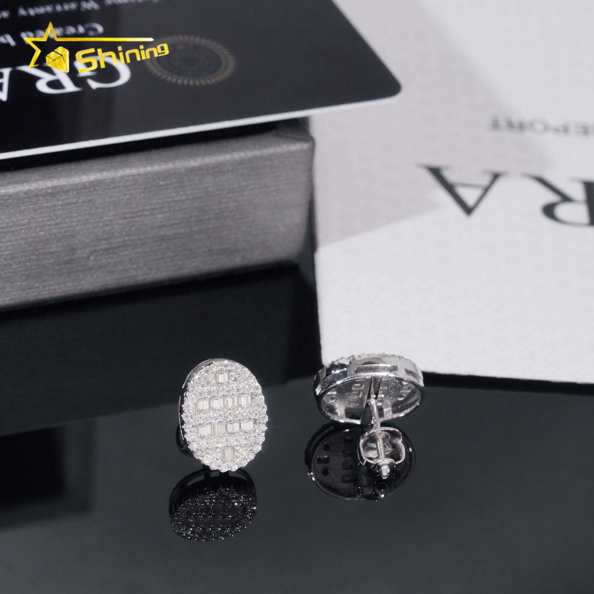 New design baguette lab dia sier vvs moissanite hip hop iced out stud earrings