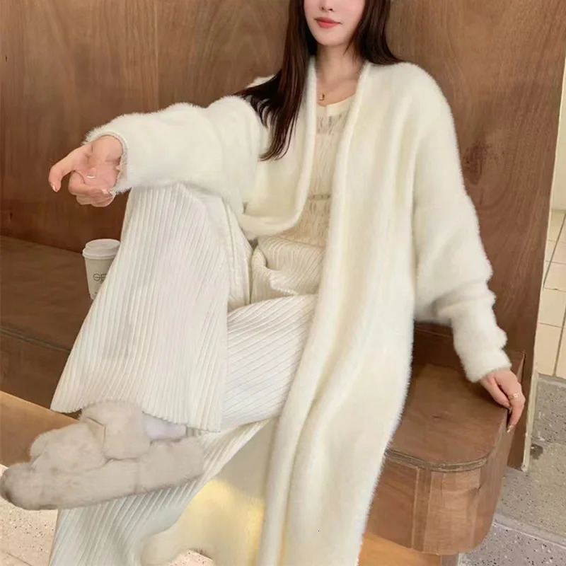 Long Cardigan for Women Clothes Knitted Fluffy Solid Sleeve Cashmere Sweater Coat Warm Autumn Winter Oversize 241203