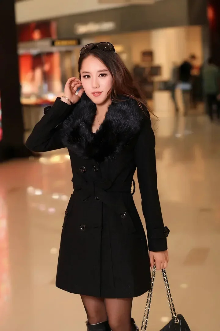 Mid Length Wool Coat Fur Collar Splice Blends Korean Full Sleeve Double Breasted Lace Up Belt Thick Warm Winter Jackets 241202