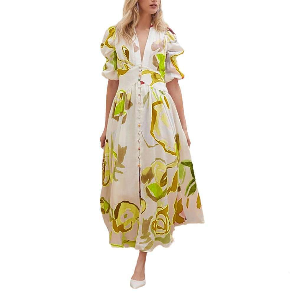 Spring European and American Women's Beach Slim fit Large Swing Four sided Elastic Printed Long Dress 2024 New Casual Versatile Fashion Clothing