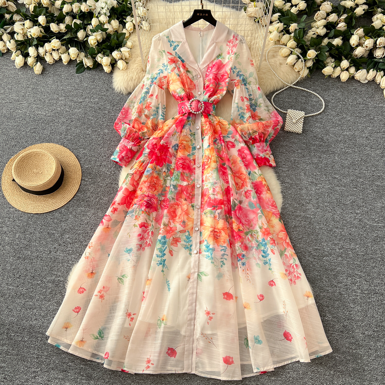 Casual Dresses 2025 Spring Holiday Gorgeous Flower Maxi Dress Women's Long Lantern Sleeve Notched Floral Print Pearl Belt A Line Robe Vestidos