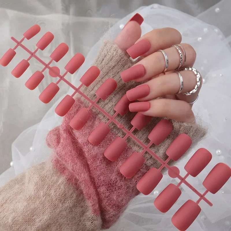 24PcsSet Matte False Nails Glue Square Head Frosted Press on Fake Nail Tips Full Cover Artificial Fingernails Ballet Detachable 241206