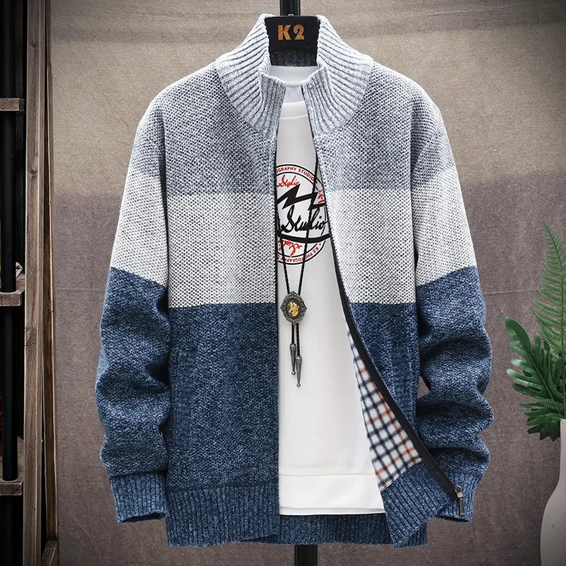 Autumn winter cardigan mens wool zipper sweater velvet contrast striped jacket casual 241206