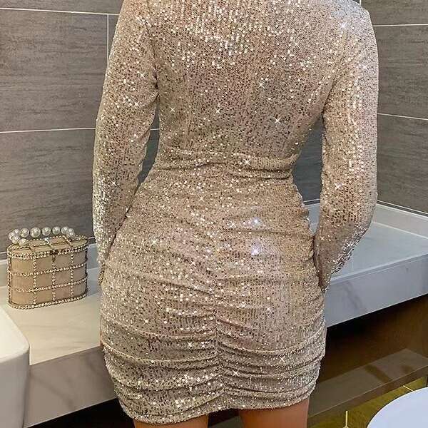 autumn winter women's sequined pleated evening long sleeved V-neck sexy nightclub solid color dress 2024 new style chic and elegant clothing