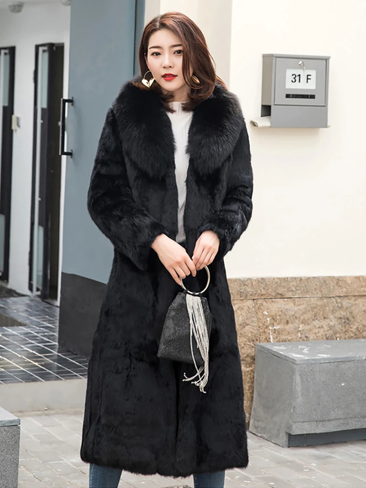 Winter rabbit fur coat womens fox fur collar long jacket natural fur fluffy pleated plus size fashionable womens clothing 241202