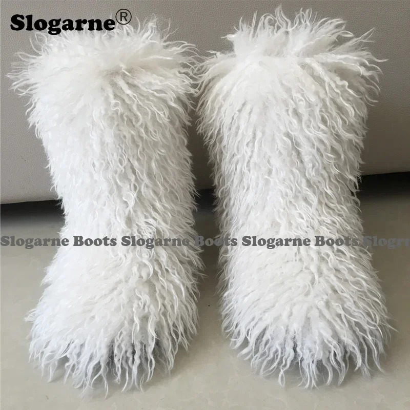 Winter boots fur leather shoes teddy snow fluffy and warm artificial wool plush fashionable Mongolian 241206