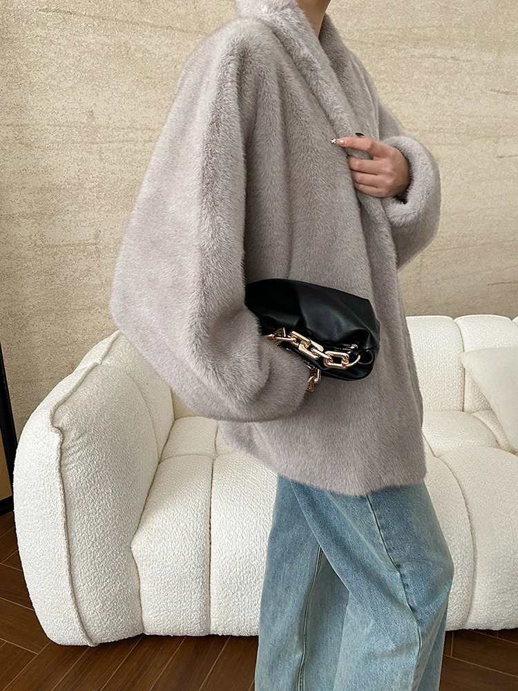 EAM faux fur coffee keeps warm pocket jacket V-neck long sleeved womens jacket fashionable trend winter 1DH7882 241202