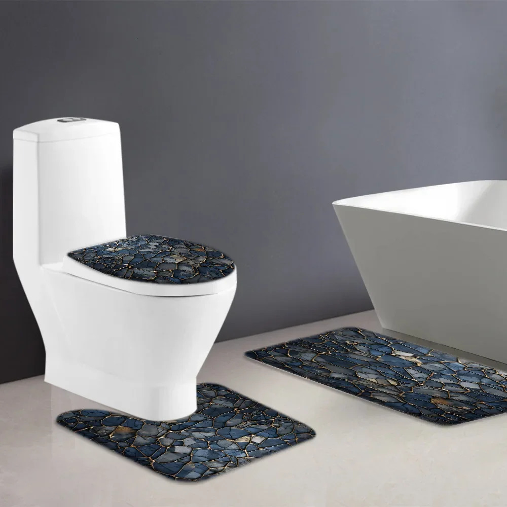 Vintage Blue Gold Marble Terrazzo Shower Curtain Sets 3D Bathroom Curtain Non-Slip Bath Mat Rugs Toilet Cover Home Decor 241206