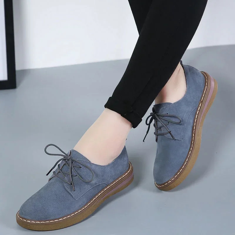 Winter 2024 womens sports shoes Oxford flat leather suede lace marine round toe Moccasins 241206