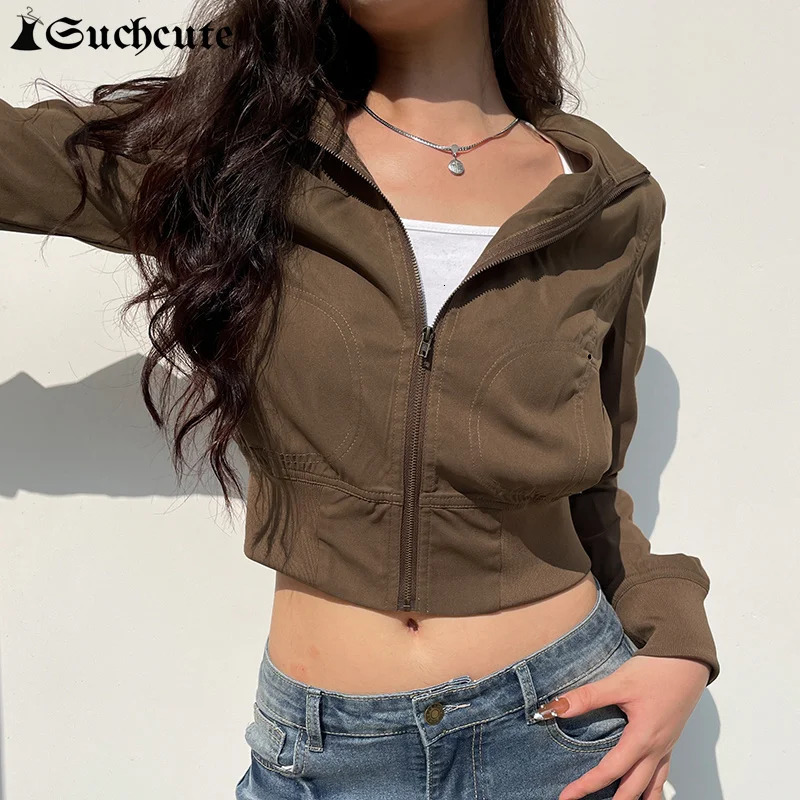 SUCHCUTE Retro Cut Jacket Womens Stand up Collar Solid Color Casual Ultra Thin Pocket Zipper Harajuku Safari Style 241206