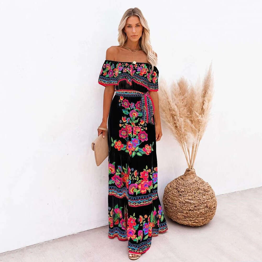 European American Spring and Summer One Shoulder Red wer Printed Long Swing Dress 2024 New Casual Fashion Trendy Clothing