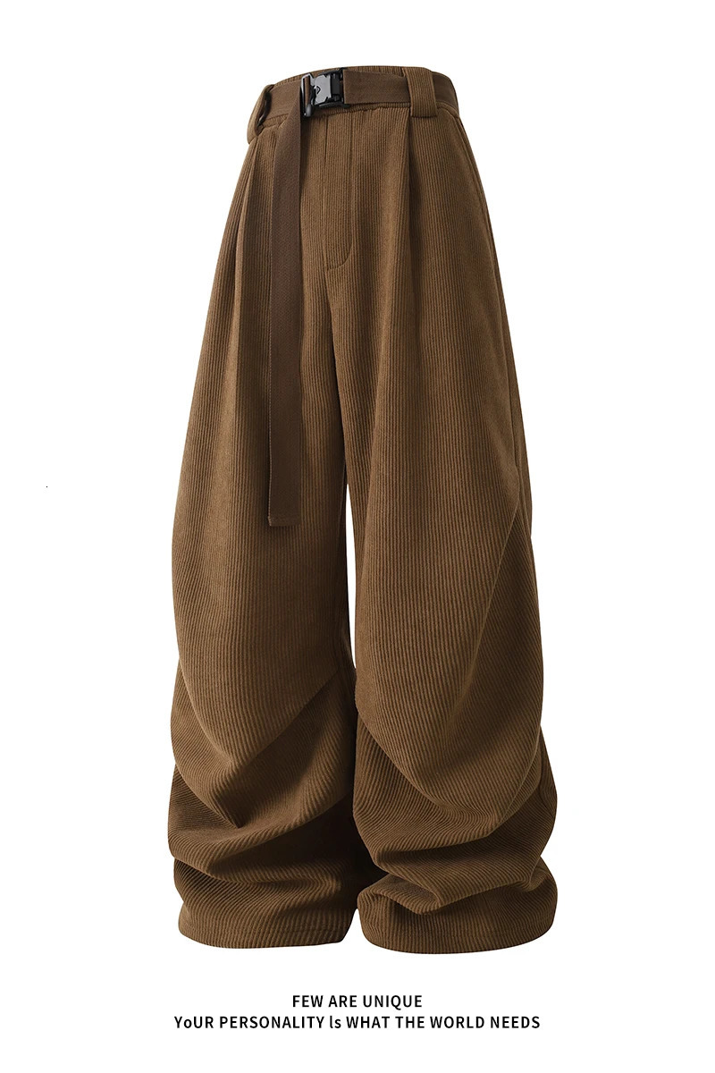 Winter mens wide leg straight sports pants Korean fashion warm wool track casual long strap 241206