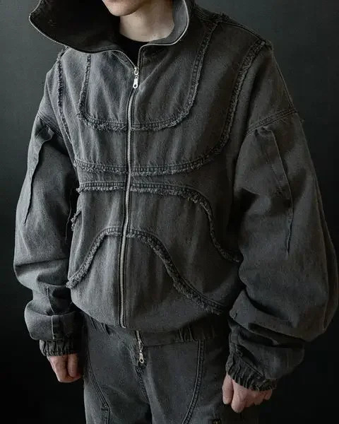 Y2K Gothic Autumn Jacket Harajuku Punk Washed Distressed Black Zipper Sportswear Oversized Mens and Womens Clothing 241206