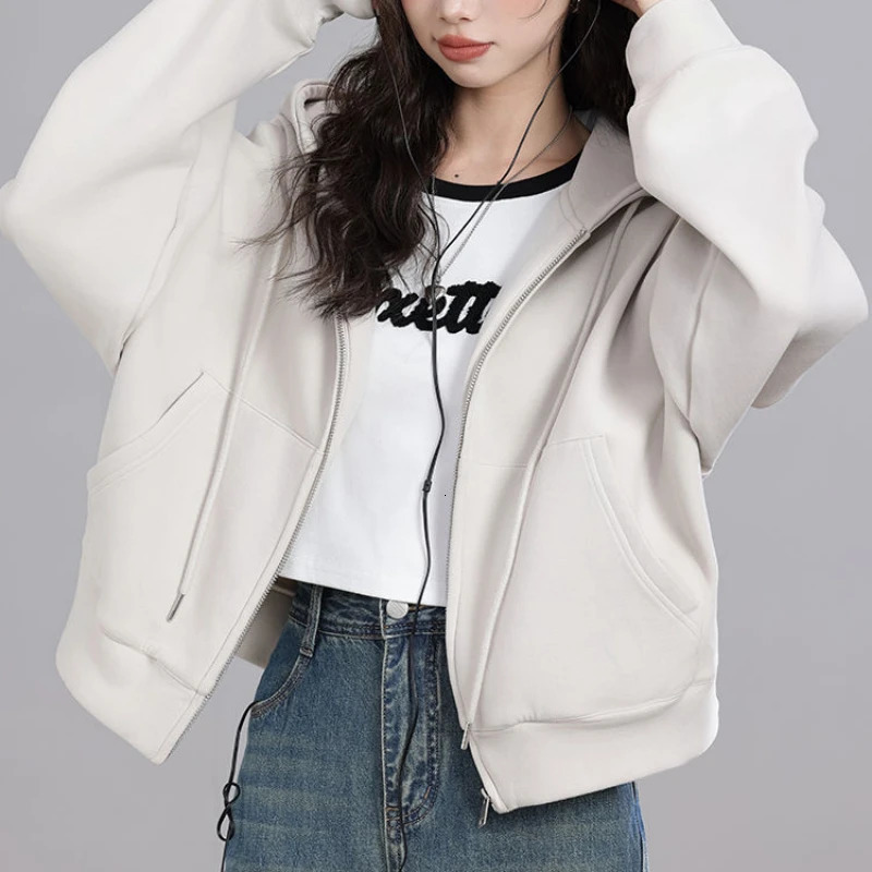 Korean Fashion Solid Color Zipper Pockets Hooded Lantern Long Sleeve Womens Clothing Spring Autumn Cardigan Coats Hoodies Tops 241203