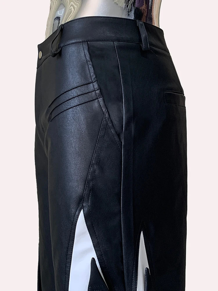 Sapphire autumn cool long white black block Pu leather wide leg mens er streetwear 241205