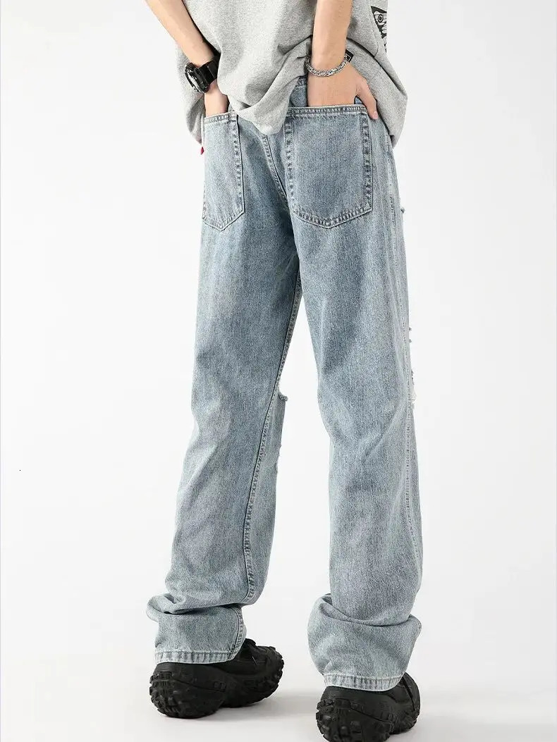 Summer Thin Light Color Ice Silk Hole Jeans American Street Gangster Handsome Straight Trousers 241204