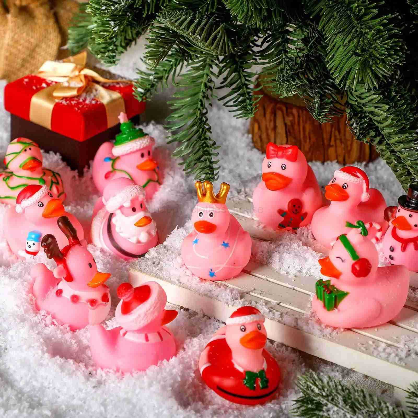 12/24/48pcs Pink Christmas Rubber Ducks 2 Inch Assorted Christmas Duckies Bath Toys Xmas Ducking Bathtub Toys for KidsXJ241207