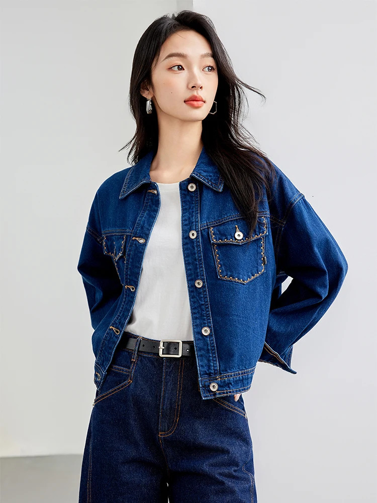 Autumn loose short denim jacket retro womens lapel pocket single chest fashionable casual 241206