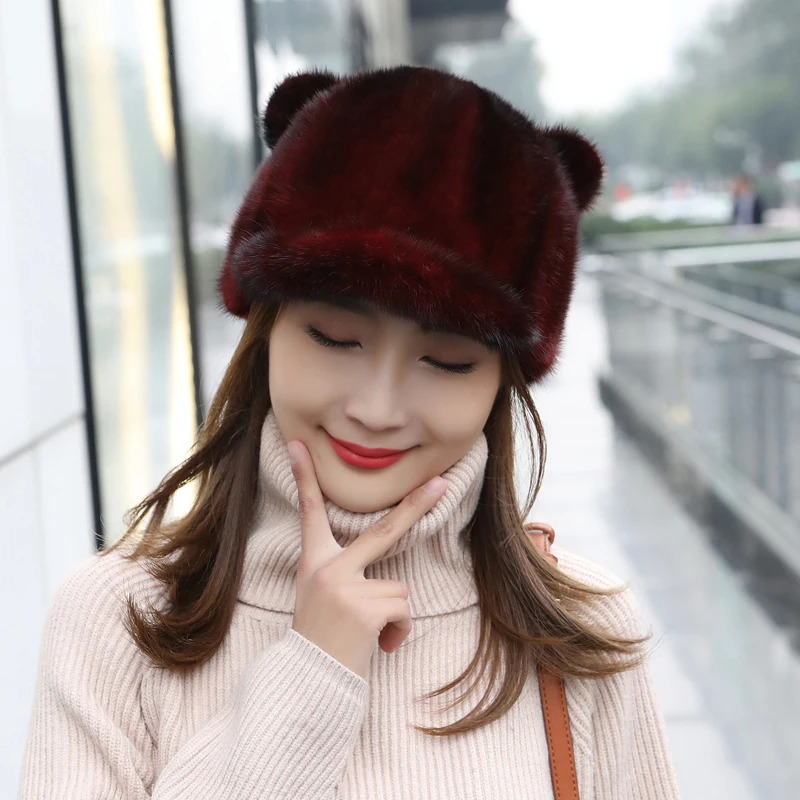 Real mink fur hat cute cat ear hat black small tail fur hat duckbill hat casual ear protection baseball hat 241206
